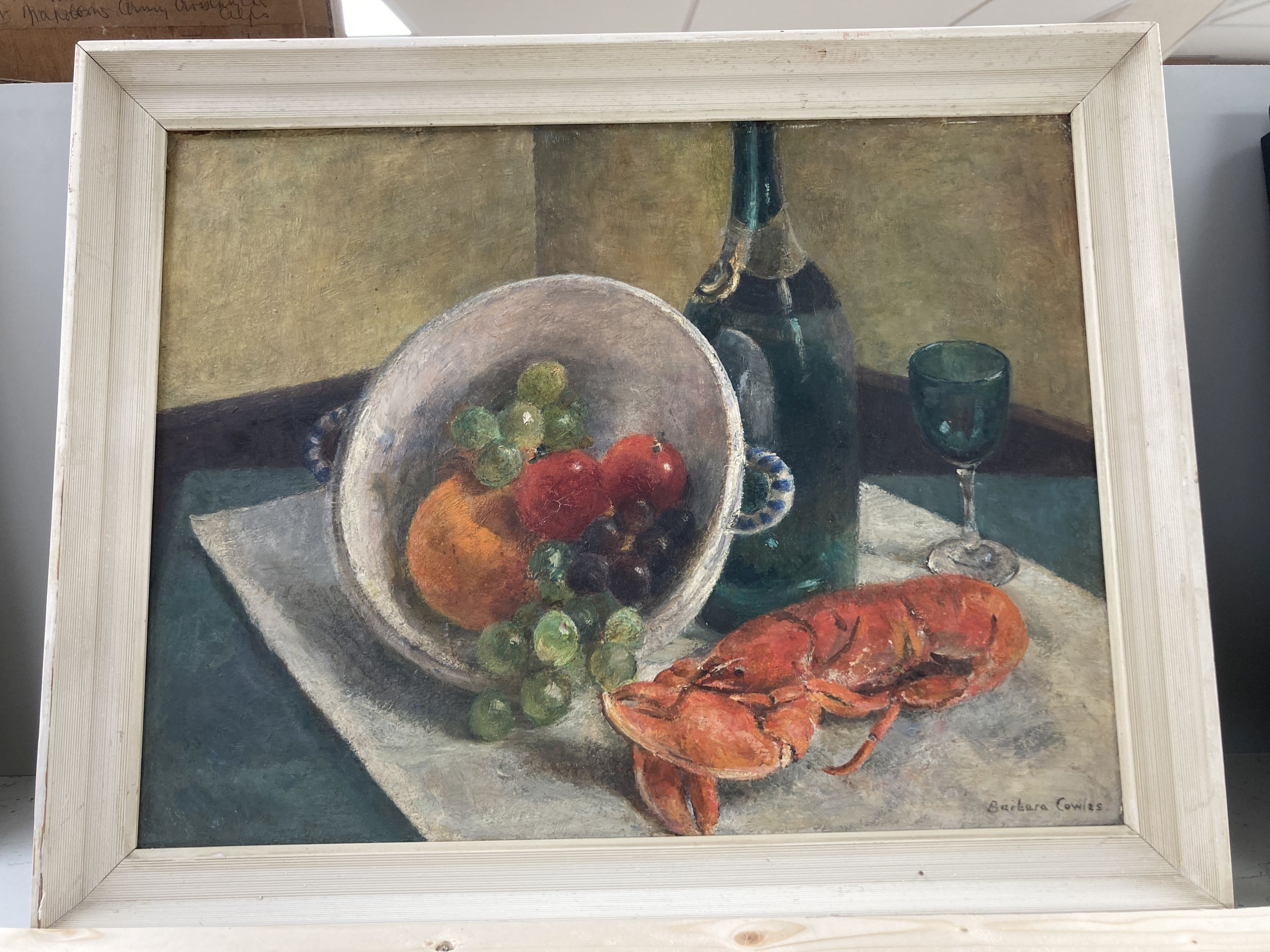 Barbara Cowles, oil on board, Table top still life, signed, 30 x 39cm